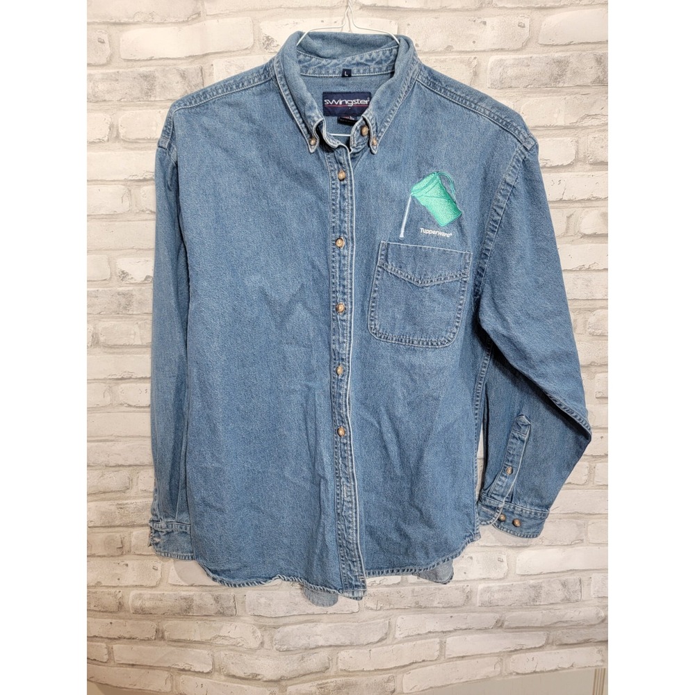 Vtg Tupperware Embroidered Size L Denim Shirt Consultant Award Button Down